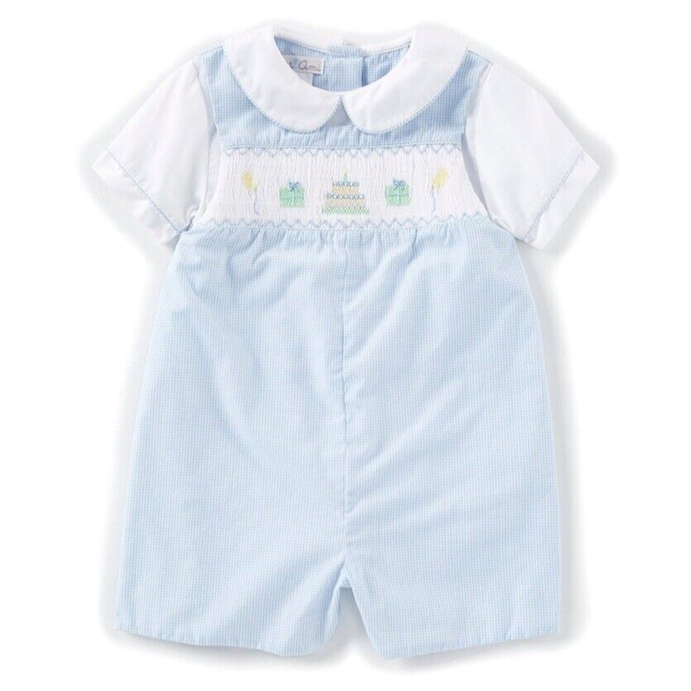 Petit Ami Boys Birthday Blue Smocked Embroidered Jon Jon 2-Piece Romper 24 Mths